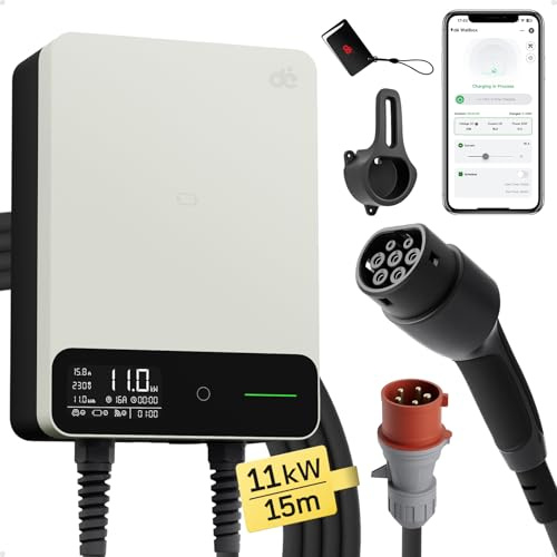 dé Tipo 2 Wallbox 11 kW con app e RFID, 6 – 16 A 3 fasi, caricatore EV, 400 V con cavo di ricarica da 15 m e supporto per cavo per BEV/PHEV, protezione RCD tipo B e IP55, stazione di ricarica