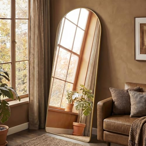 SONGMICS Full Length Mirror, Arched Full Body Floor Mirror with Stand, Aluminium Alloy Frame, Tempered Glass, for Bedroom, Living Room, Cloakroom, Rounded Corner, 160 x 50 cm, Pale Gold LFM051AB01