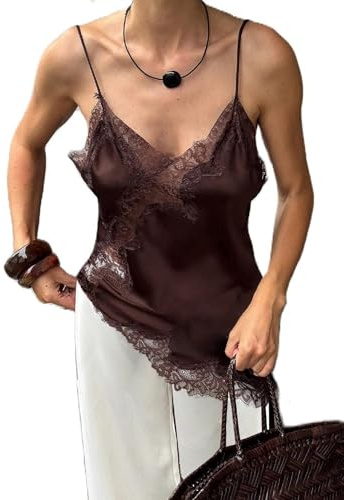 Womens Silk Lace Trim Asymmetrical Camisole Top Y2k Satin Lace Patchwork V Neck Tank Top Coquette Going Out Tops Streetwear (Brown, L)