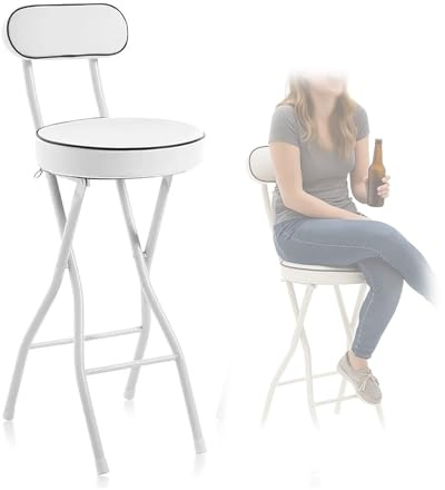 Sgabello da bar pieghevole, sgabelli pieghevoli alti fino al bancone, sedie con schienale imbottito rotondo, poggiapiedi(White,55cm/21.6in)