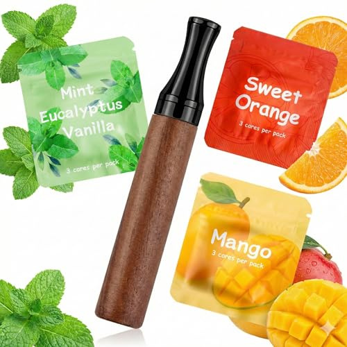 Premium Atemtrainer aus Holz mit Aromatherapie-Funktion, Natürliches Holz und Edelstahl, Rotierender Luftstrom-Regler, Inklusive 9 Austauschbare Aroma-Dochte in 3 Geschmacksrichtungen fum
