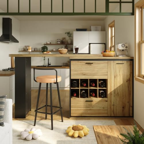 vutizal Esstisch Ausziehbar mit Stauraum | 2 Schubladen + Weinregal, Holzmaserung-Optik MDF + Metall, 140x80 cm (ausziehbar 138–220 cm), platzsparend für Küche & Wohnzimmer