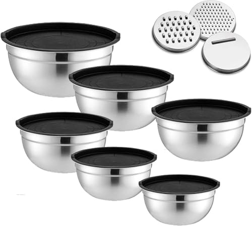 Juego de 6 boles de acero inoxidable, ensaladeras, con tapas herméticas, 3 accesorios ralladores y base de silicona antideslizante. 4,5 L/2,7 L/2 L/1,5 L/1,2 L/0,7 L. Para servir y mezclar. Negro.
