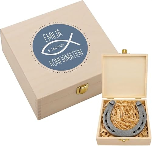 4youDesign Echtes Hufeisen in Holz-Geschenkschachtel Konfirmation Fisch mit Gravur – 2 Hufeisennägel zum befestigen – Geschenk zum Kirchenfest– Glücksbringer Patenkind - 17x17x3,5cm