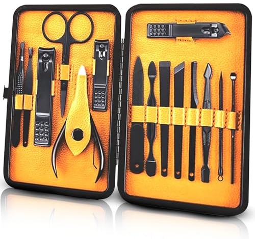 Groomarang Herren-Maniküre-Set - 15-Teilig | Nagelknipser Aus Edelstahl | Nagelhautzange, Pinzette, Schere | Pediküre- Und Gesichtspflege-Set | Luxus-Etui Für Die Hand- Und Fußpflege