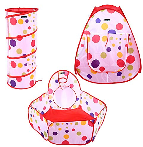 3 PCS Kinderzelt Spielzelt, 3 in 1 Up Spielzelt Kinderspielzelt mit Spielhaus Tunnel und Zelt Tasche mit Mini Basketballkorb Bällepool Kinder Spielen Zelt Babyzelt Ball Pit Basketball
