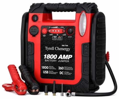 Tyrell Chenergy Arrancador de batería de coche de 1800 A con compresor de aire, 20000 mAh, 12 V, inflador de neumáticos de 260 PSI (hasta 8.0 L de gas/diésel) con luz LED y USB