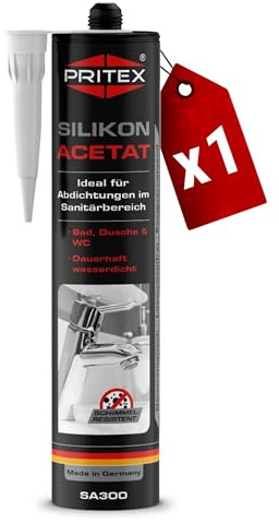 PRITEX Sanitär Silikon Weiß 1x 300ml, Acetat für Bad & WC Dichtmasse