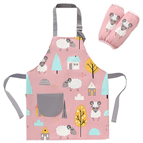 SUNNEKO Kochschürze Kinder Schürzen mit Tasche Wasserdicht Jungen Mädchen Verstellbare Küchenschürze Basteln Bemalen Backen Kochen Malschürze Kunstkittel Arbeitsschürze Painting Bastelschürze