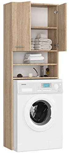BDW Mobile armadio per lavatrice, 180 x 64 x 30 cm, mobile alto per il bagno con scaffali, colore rovere sonoma