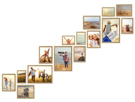 PHOTOLINI Bilderrahmen Set Holz Eiche, Holzbilderrahmen Made in EU, 15er Rahmenset mit Acrylglas, Bilder Rahmen zum Aufhängen, Bilderrahmen Treppenhaus Eiche - für Ihre liebsten Fotos & Bilder