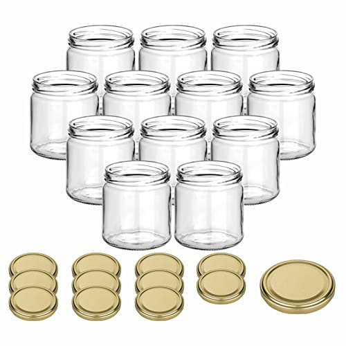 gouveo Lot de 12 Pots à Confiture 500g Miel avec Couvercle à vis doré - Pots à provisions vides avec Bouchon à vis TO82 mm - Pots à Confiture, Pots à épices