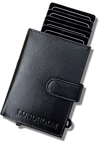 Lundholm Kartenhalter - Slim-Kartenetui für Kreditkarte, Ausweis, andere Karten, inkl. Münzfach + Fach mit RFID/NFC-Schutz - Robustes Leder, minimalistisches Design - Geschenke für Herren (Schwarz)