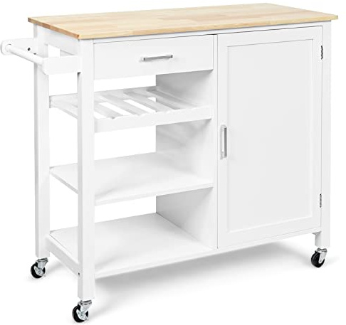 COSTWAY Carrello da Cucina con Ruote, Credenza Cucina con Cassetto Portabottiglie e Portasciugamani, Carrello Servizio in Legno, 100x48x90 cm (Bianco)