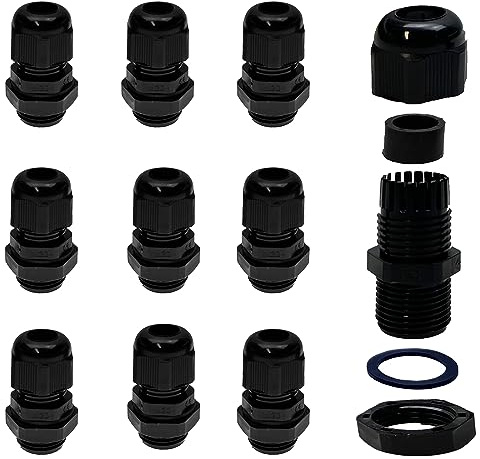 Alkan Kunststoff Kabelverschraubung M20 x 1,5 IP68 10 Stück 6-12 mm | Metrische schwarze Kunststoff-Kabeldurchführung mit Gegenmutter, wasserdicht IP68, für Kabel Ø 6-12 mm