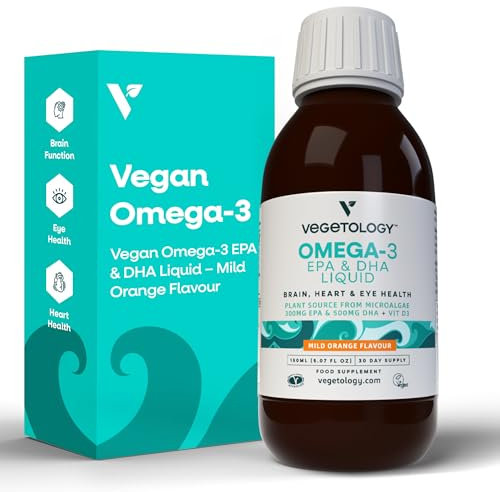 Vegetology Vegan Omega 3 Liquid, from Microalgae, 800mg of EPA DHA, with Vitamin D3, Supports Heart, Brain, and Eye Health, Natural Fish Oil Alternative, UK Made, Mild Orange Flavoured