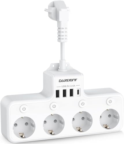 Regletas Enchufes con USB C, 4 Enchufe Multiple y 3 Carga Rápida USB con Interruptor Independiente, Protección contra Sobretensiones, 4000 W, 16 A, Enchufe Pared Cable Corto