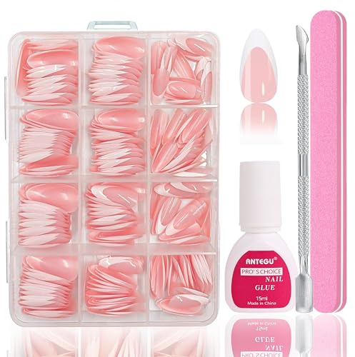 MrCuvaryas 240 Stück French Press On Nails Short Almond, Full Cover Nageltips Kurz für Gelnägel, Fingernägel Fake Nails mit Kleber Acryl Nagel Tips Nägel Zum Aufkleben (White Teardrop French, 240pc)