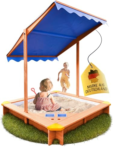FRIEDO - Sandkasten mit Dach (UV80+) & Matschküche 140x140 cm - Sandkiste inklusive Bodenvlies gegen Unkraut und Ungeziefer - Sandkasten mit Abdeckung für Kinder (L - 140x140cm)