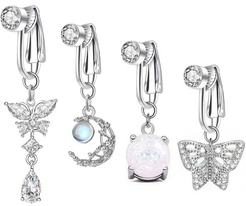 Lot de 4 faux piercings de nombril, clip de piercing de nombril, faux piercing de nombril, piercing de nombril avec pendentif, acier chirurgical pour piercing de nombril, clip de piercing papillon