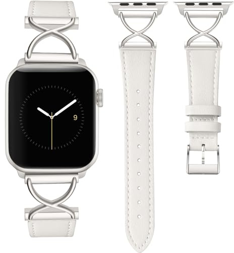 CeMiKa Bracelet Cuir Compatible avec Apple Watch 41mm 40mm 38mm pour Femmes, Mince en Cuir Véritable avec X-Shape Métal pour iWatch Series 9 8 7 6 5 4 3 2 1 SE, Blanc Ivoire/étoile