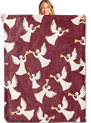 MIEPOS Cute Angel Throw Blanket - 60x80in,Ultra Soft, Cozy Lightweight Flannel,Elegant Trumpet Spiritual Red Blankets - Gifts for Kids Girls,for Couch Home Living Room Christmas Decor