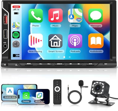 Rimoody Autoradio 2 Din mit Wireless Carplay Android Auto Bluetooth Freisprecheinrichtung 7 Zoll Touchscreen Autoradio mit Bluetooth Mirror Link FM Radio USB/TF/AUX Lenkradsteuerung Rückfahrkamera