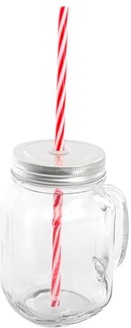 Monouso | 1 Jarra con Tapa y Pajita, 450ml, Transparente, Tapa Metálica, Vaso con Asa, Jarra para Limonada, Smoothies, Cristal