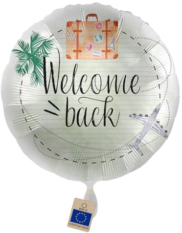 Folienballon Welcome Back – Willkommen zurück Ballon | Willkommensballon für Heimkehr, Reise-Rückkehr, Urlaub, Büro & Kollegen – mit Koffer, Flugzeug & Palmen
