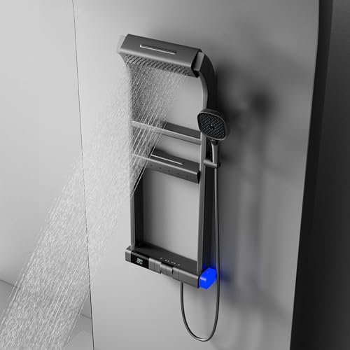 QFGain SystèMe De Douche Chaude Et Froide, Robinet De Douche 4 Sorties d'eau, Affichage NuméRique LED, Pommeau De Douche Cascade avec Jets De Massage, Pommeau De Douche De 400 Mm De Large,Black