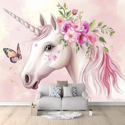 Fotomurale Carta da Parati Unicorno E Farfalla Ad Acquerello 200 x 140 cm Fotomurali Murale 3D Poster Gigante Moderna, Carta da Parati Decora per Camera Letto, Soggiorno, Stanza dei Bambini