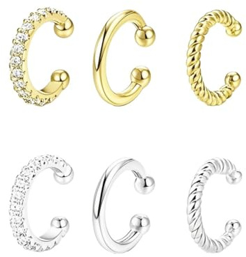 ZUWIJEQ 6 Pcs Orecchini a Clip Donna, Ear Cuff in Argento e Oro, Senza Buco, Finti