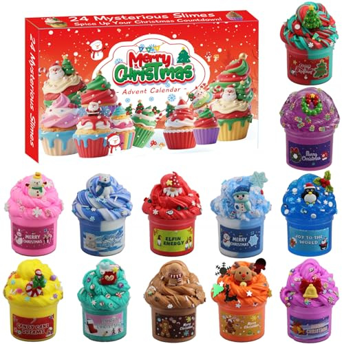 Schleim Adventskalender 2025 Kinder, 24 Tage Slime Weihnachtskalender, Weihnachts Adventskalender Überraschungen mit Unterschiedliche Textur Schleim Kit Geschenk für Mädchen Teenager Jungs