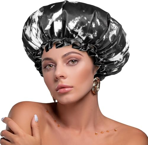 mikimini Gorro de Ducha Grande para Mujeres y Hombres, Reutilizable e Impermeable, Doble Capa Ajustable con Banda Elástica para Pelo Largo y Trenzas - Diseño Clásico en Blanco y Negro Estilo Tinta