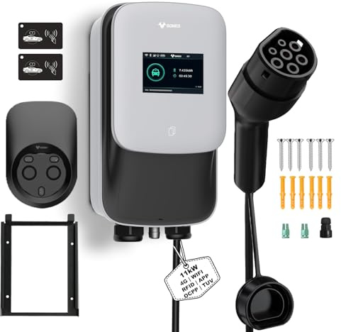 GONEO Ladestation 11kW 8A-16A Wallbox für Elektrofahrzeuge 480V Dreiphasig OCPP mit 5m Kabel mit RFID Karte IP65 IK10 Schutz 4G WLAN APP Bluetooth Steuerung Terminladung