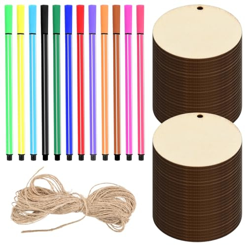 Culinavog 50 Piezas Discos de Madera Sin Terminar Con Agujeros, 50mm Rodajas Círculos Rebanadas y 10 metros de cuerda, 12 bolígrafos de acuarela para Manualidades, Decoración Navideña