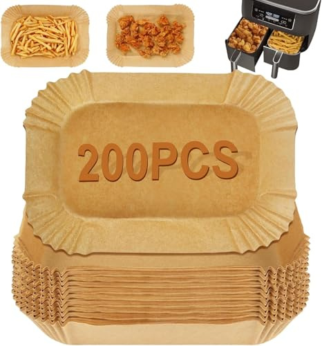 200Pcs Air Fryer Liners for Ninja Dual, Disposable Baking Parchment Paper, Airfryer Accessories, Unbleached Non-Stick Greaseproof, Compatible with Ninja AF300UK AF400UK Tower & Other Dual Zone Fryer