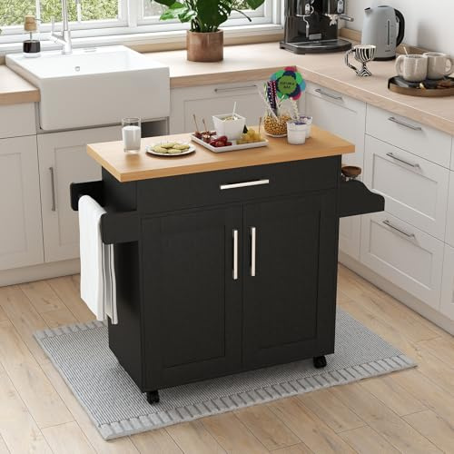 GIANTEX Köksvagn med bänkskiva, köksskåp med hjul, rörlig köksö, trä, serveringsvagn, köksvagn, rullvagn med låda, köksvagn 111 x 40 x 90 cm, svart