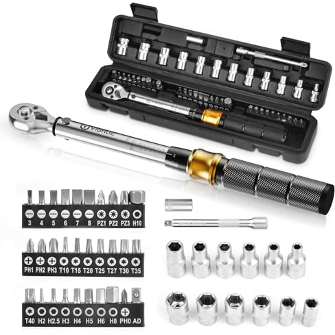 VIGRUE Drehmomentschlüssel 1/4, Drehmomentschlüssel Fahrrad Set 5–25 Nm ±4% Genauigkeit mit Verlängerungsstange, Universalgelenk, Magnetische Zündkerzenhülse, Bits für Fahrrad und Motorrad