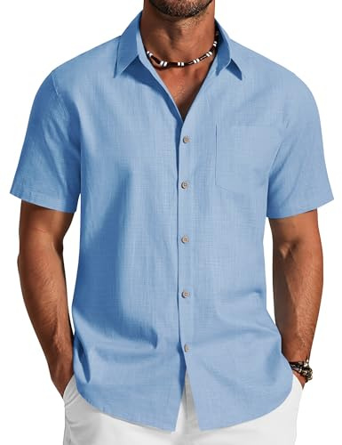 COOFANDY Camicia Uomo Manica Corta Estiva Camicia Casual Cotone Traspirante Mare Vacanze Azzurro M
