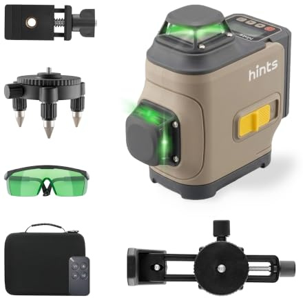Hints 3D Laser Level Self-Leveling 3x360°, 3 Beams, 100Ft, ±1/12 Accuracy, IP54, Outdoor Pulse Mode, Remote and Gesture Control, Type-C Chargin, Storage Case and E Xtra Li-ion Battery Included