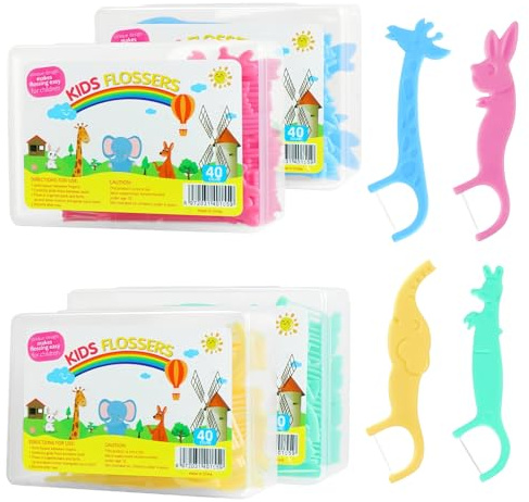 160 pezzi filo interdentale per bambini, filo interdentale per bambini, con 4 forme di animali colorati, con manico adatto ai bambini, antiscivolo, per la pulizia dei denti