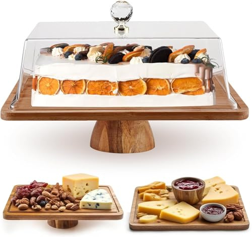 Wood Cake Stand with Lid, 2 in 1 Rectangular Dessert Table Display Set | Multi-use Pedestal Cake Plate Display for Cheese, Chips, Veggie, Fruit Platter, Large Acrylic Cake Cover