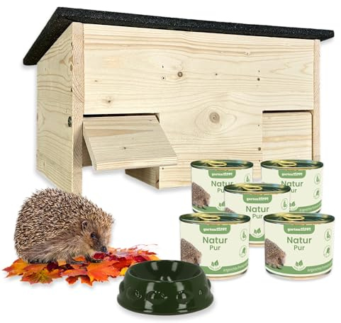 GARTENETAGE Igel-Starter-Set mit Igel Futterhaus und Rattenklappen inkl. Futterschale & 5X Premium-Igelfutter – sichere Futterstation für Gartenigel, artgerecht & wetterfest