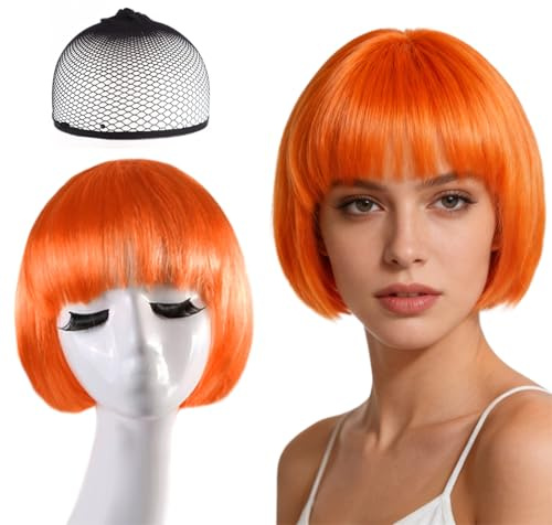 GYIOFAI Peluca Corta Bob Naranja,Pelucas Rectas Divertidas para Cosplay con Flequillo Liso y Gorro para Peluca,Accesorios de Neón para Fiestas para Uso Diario Fiestas de Cosplay para Mujeres (Naranja)