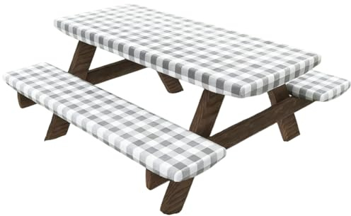 GORGECRAFT 3 Funda Mesa de Picnic con Fundas Bancos 197x90cm Impermeable Resistente Al Viento Elástica Gris A Cuadros Mesa de Camping Mantel Rectangular Ajustado Exteriores Interiores Fiestas Cenas