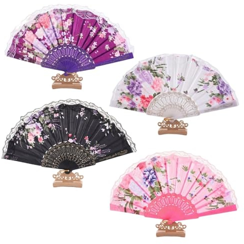ZeBQrphio 4 Pack Fabric Fan, Chinese Fan Set, Lace Design for Wedding Ceremony Accessory, Cosplay Costume Prop, Summer Outdoor Cooling Tool, Home Wall Decoration, Special Occasion Gift