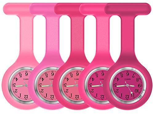 Uhr zum Festklemmen, Krankenschwestern-Uhr, Taschenuhr, Broschenuhr, hochqualitatives Silikon mit Pin / Clip, leuchtet im Dunkeln, Design zur Infektionskontrolle, für Krankenschwester, Arzt, Sanitäter, Pink Rose Red