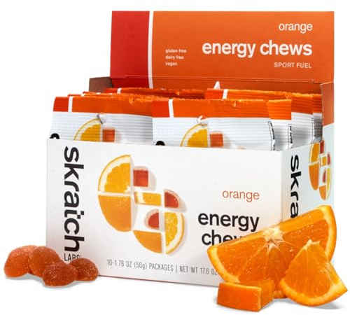 Skratch Labs Energy Chews | Gummies for Running, Cycling & Endurance Quick Carbs for Athletes, Easy to Digest, Real Fruit | Gel Alternative for Long Runs & Rides | Orange 10 Pack | Gluten Free, Vegan