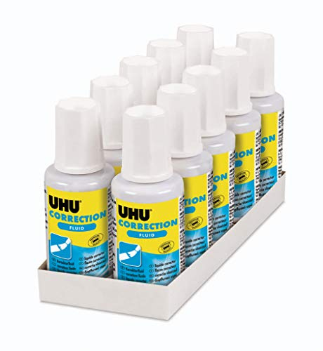 UHU Correction Fluid, Weiße Korrekturflüssigkeit mit integriertem Pinsel zum Korrigieren von größeren Flächen, 10 x 20 ml
